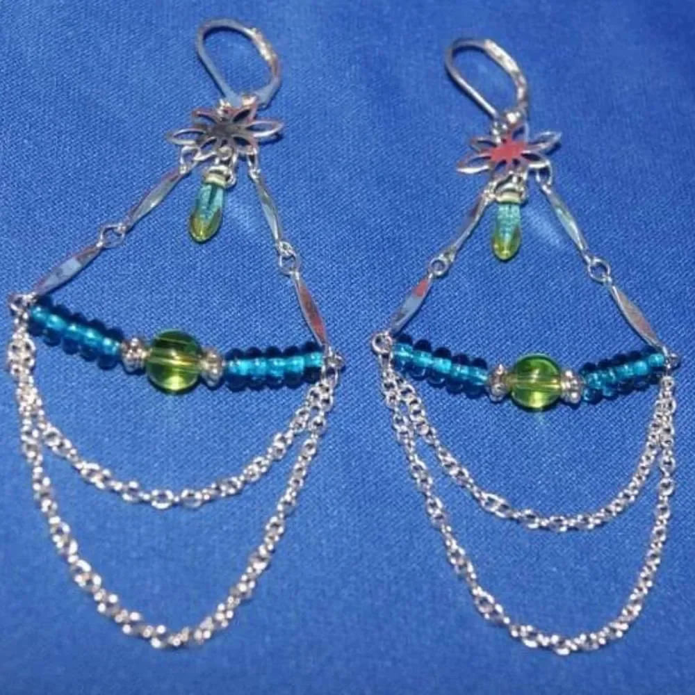 Handmade Glass Bead & Silver Plated Chandelier Long Dangle Earrings
